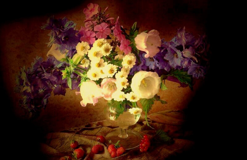 Flowers and strawberries still life