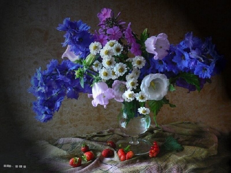 Flowers and strawberries still life