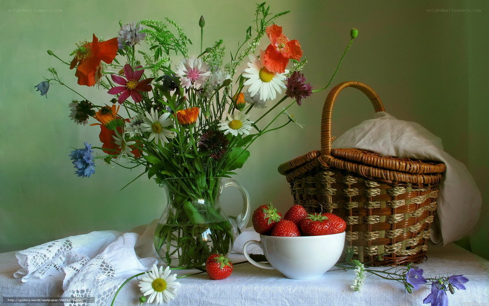 Flowers and strawberries still life