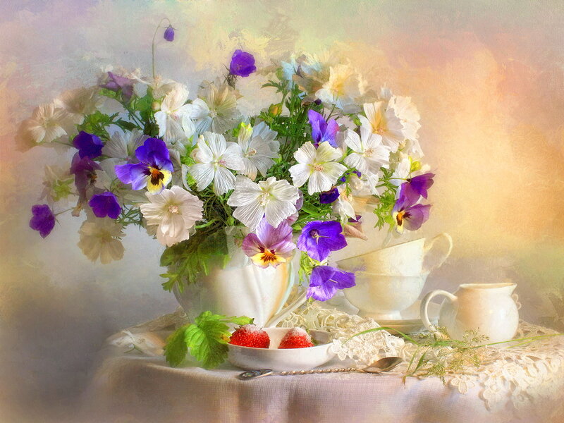 Flowers and Strawberries — White, Serene, Painting