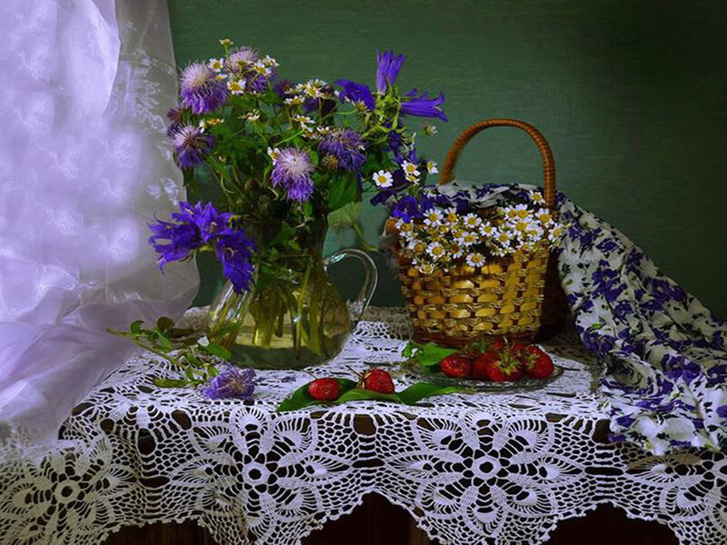Flowers and Strawberries — White, Serene