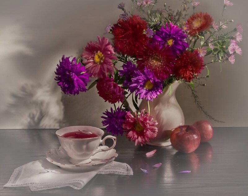 Flowers and Tea Cup — Purple