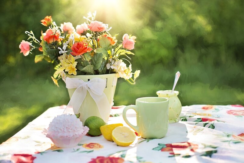 Flowers and Tea on Table — Green