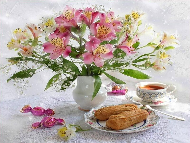 Flowers and Tea on Table — Pink, Serene