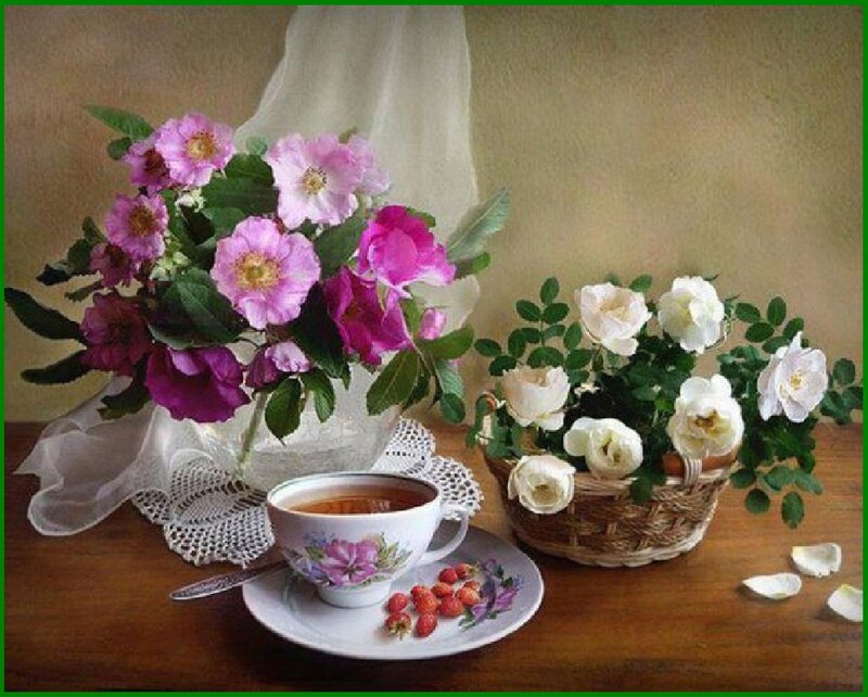 Flowers and Tea on Table — Pink