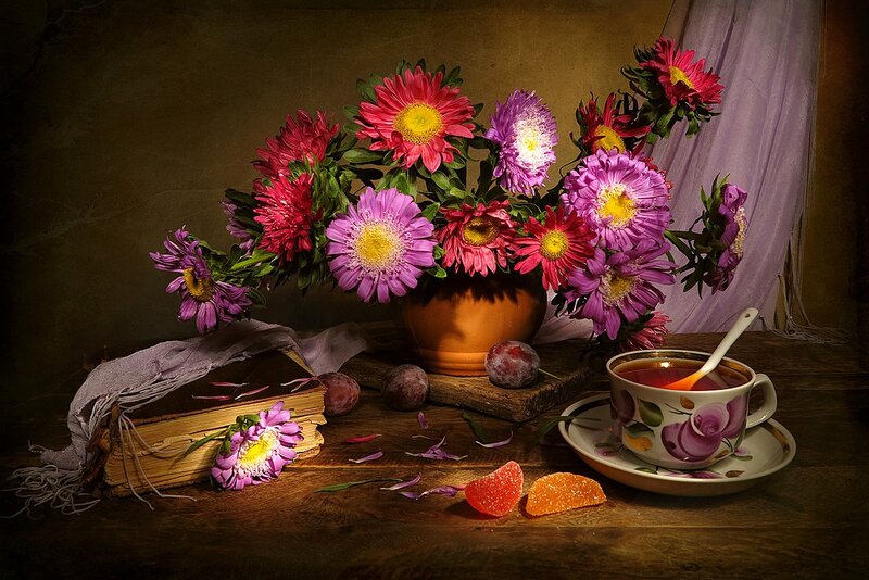 Flowers and Tea on Table — Purple