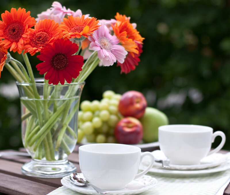 Flowers and Tea on Table — White