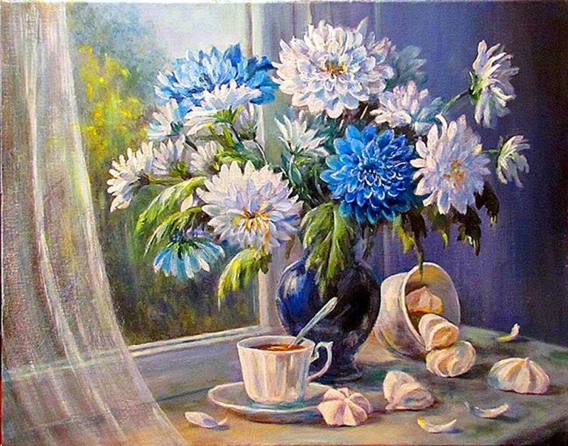 Flowers and Tea on Windowsill