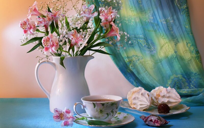 Flowers and Tea Set — Blue, Serene, Afternoon