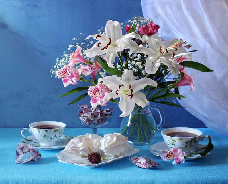 Flowers and Tea Set — Blue, Serene, Photograph, Tea Cups