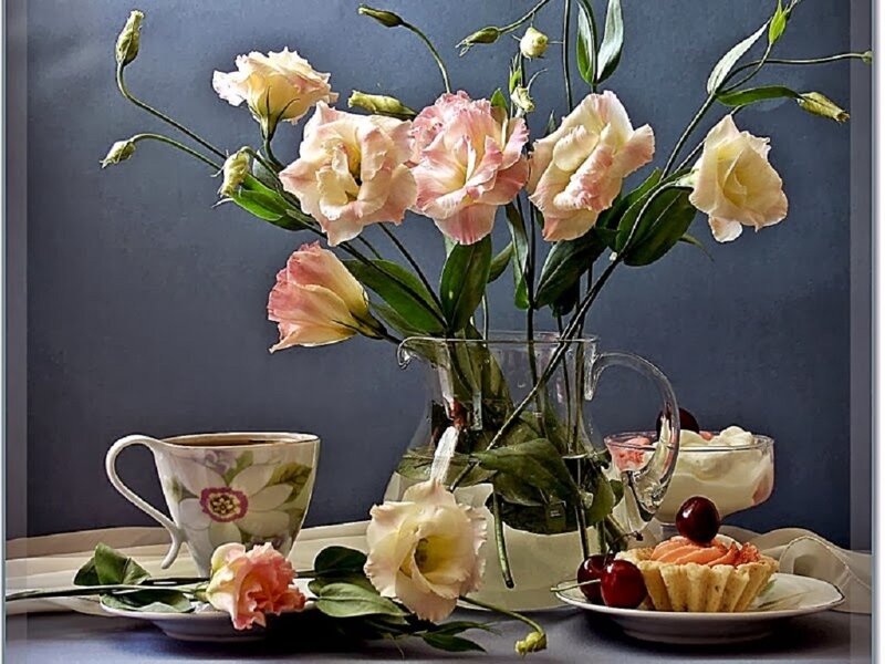 Flowers and Tea Set — Blue, Serene, Photograph