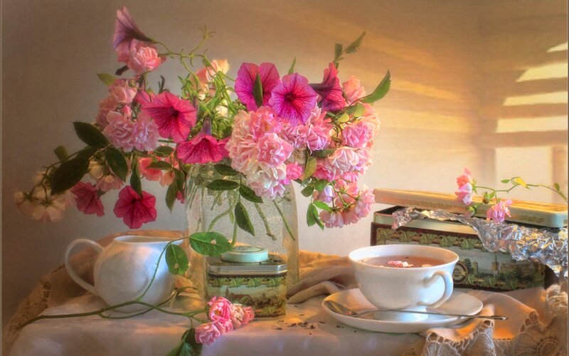 Flowers and Tea Set — Pink, Serene, Afternoon
