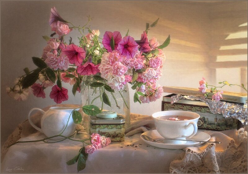 Flowers and Tea Set — Pink