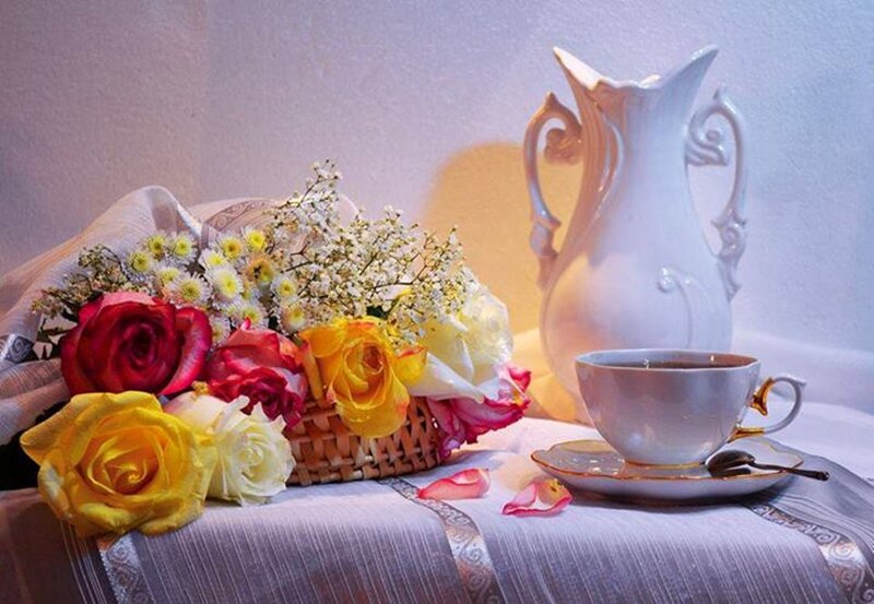 Flowers and Tea Set — White, Serene, Morning