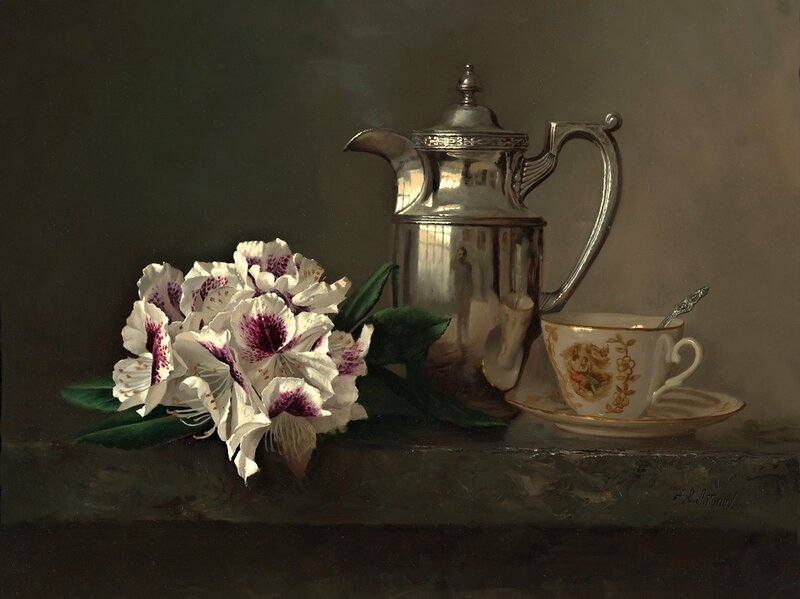 Flowers and Tea Set — White, Serene, Painting, Teapot