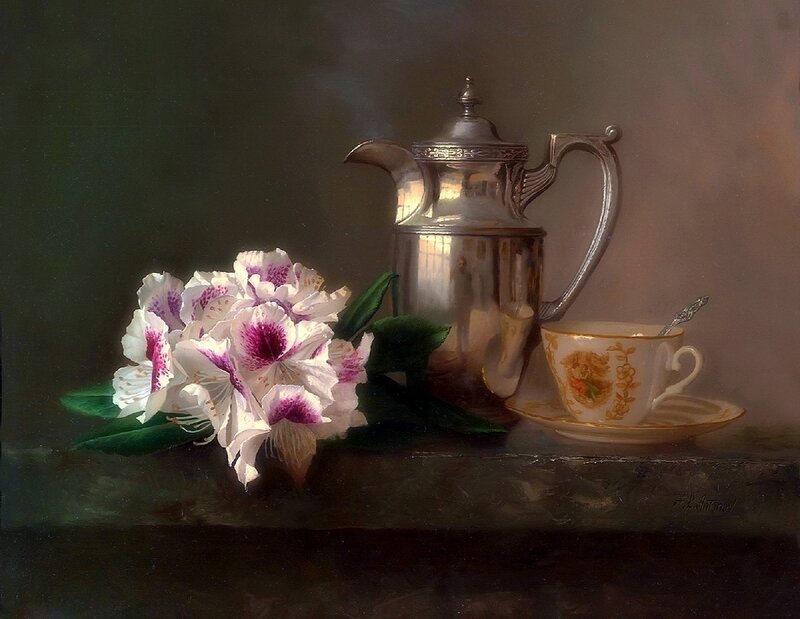 Flowers and Tea Set — White, Serene, Painting