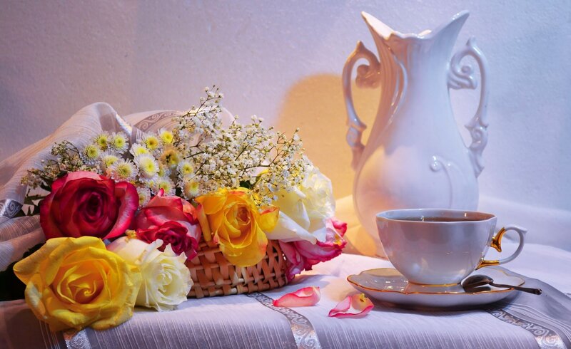 Flowers and Tea Set — White, Serene, Photograph