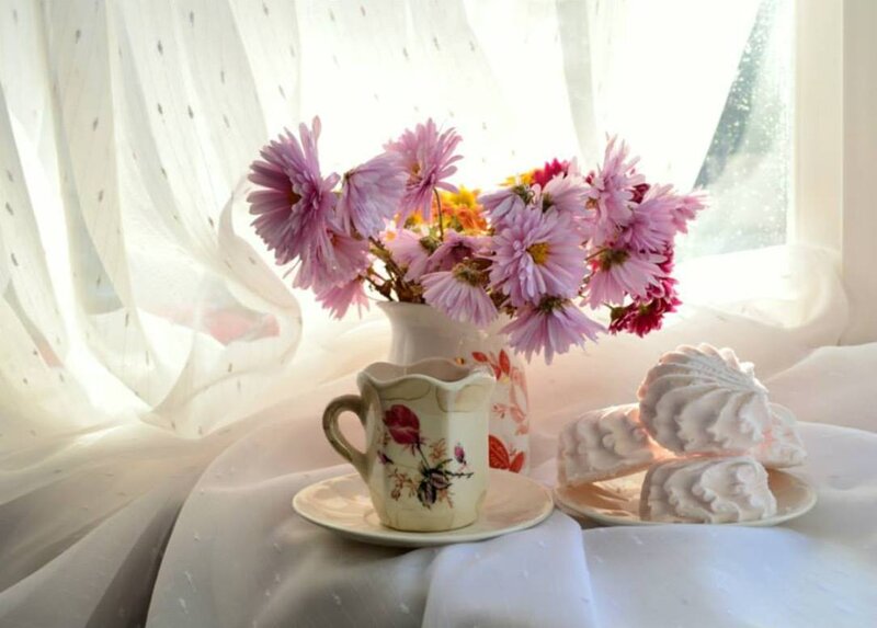Flowers and Tea Set — White