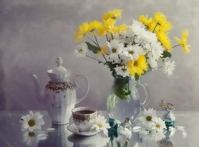 Flowers and Tea Set — Yellow, Serene