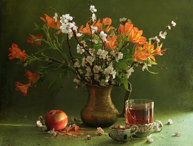 Flowers and tea still life