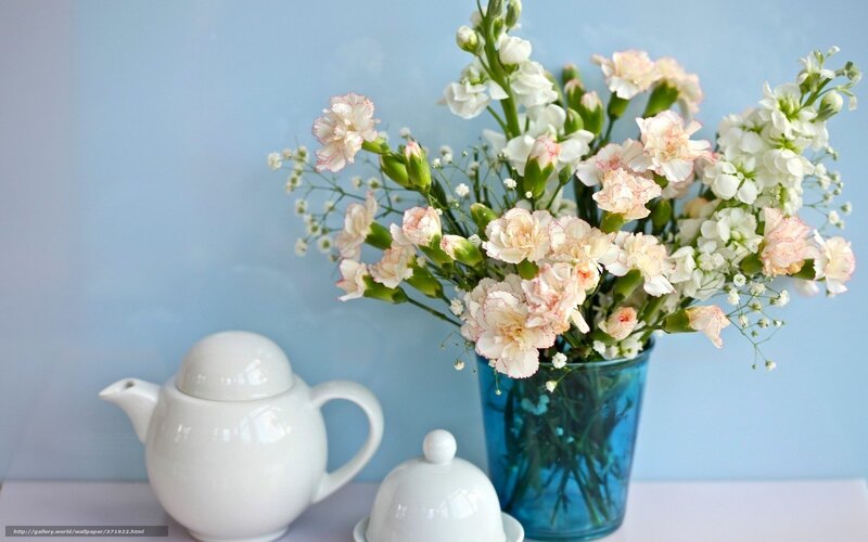 Flowers and teapot on blue background