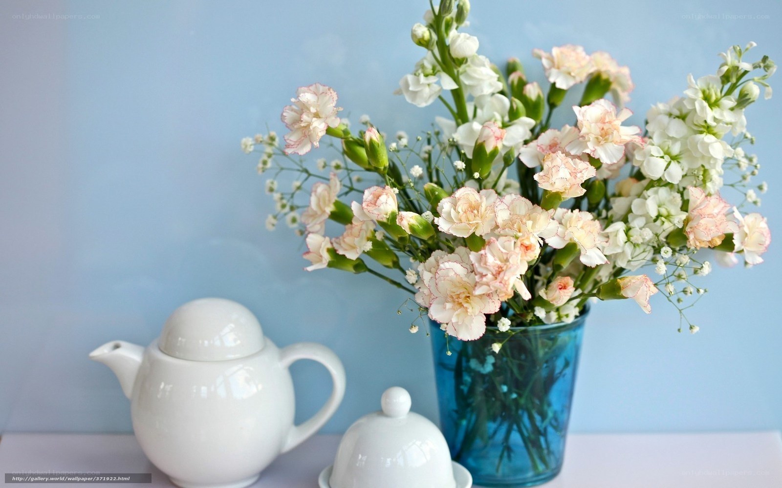 Flowers and teapot on blue background