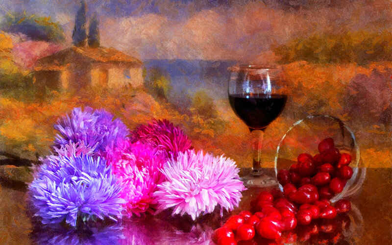 Flowers and Wine Glass — Purple