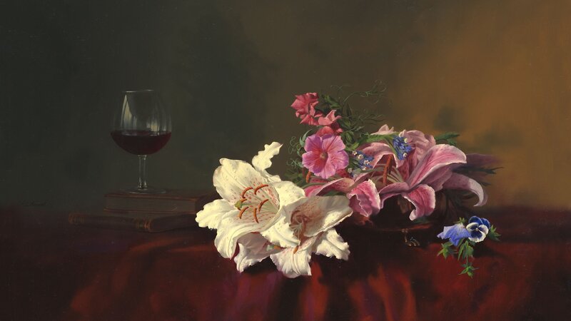 Flowers and Wine Glass — Red, Dramatic, Painting, Wine Glass