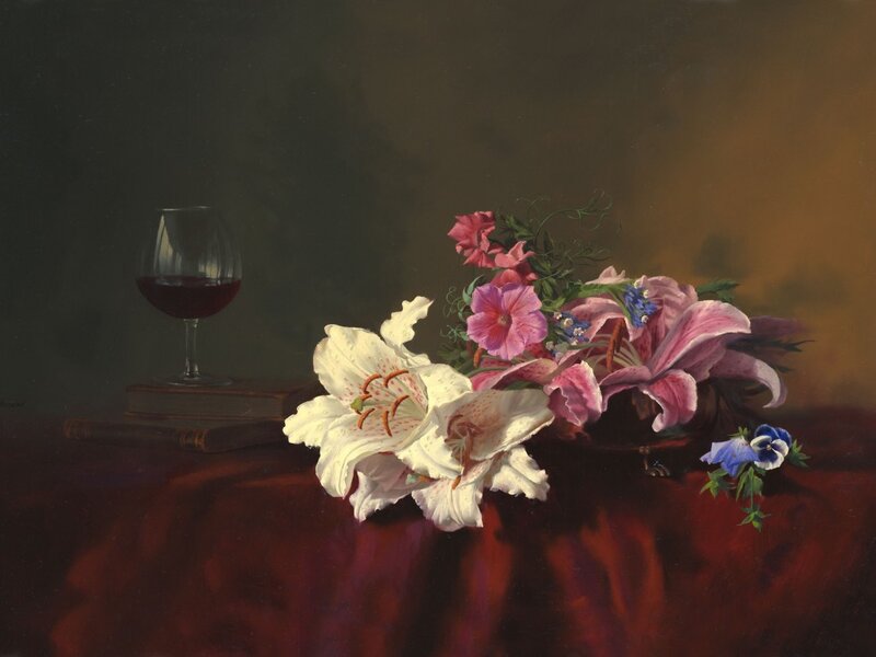 Flowers and Wine Glass — Red, Dramatic