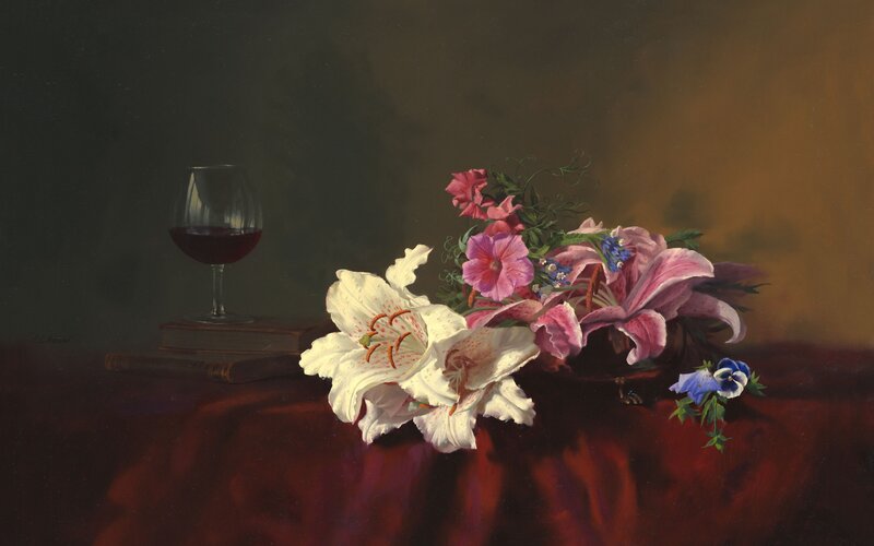 Flowers and Wine Glass — Red