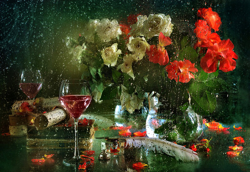 Flowers and Wine on Table — Red