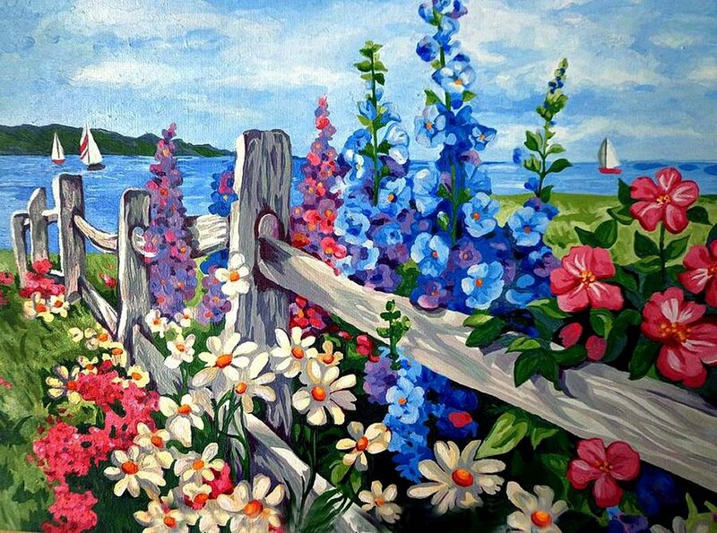Flowers by a Fence — Blue