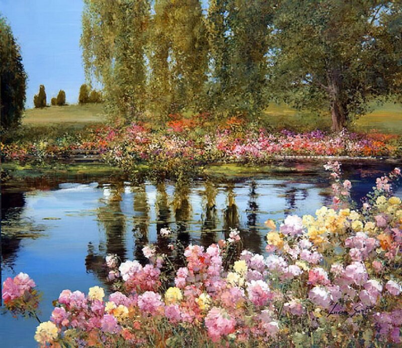 Flowers by a Pond — Pink, Serene