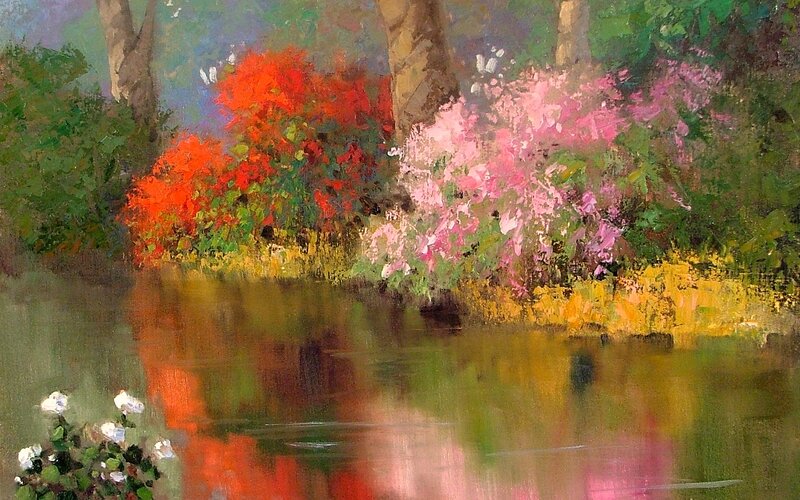 Flowers by a Pond — Red