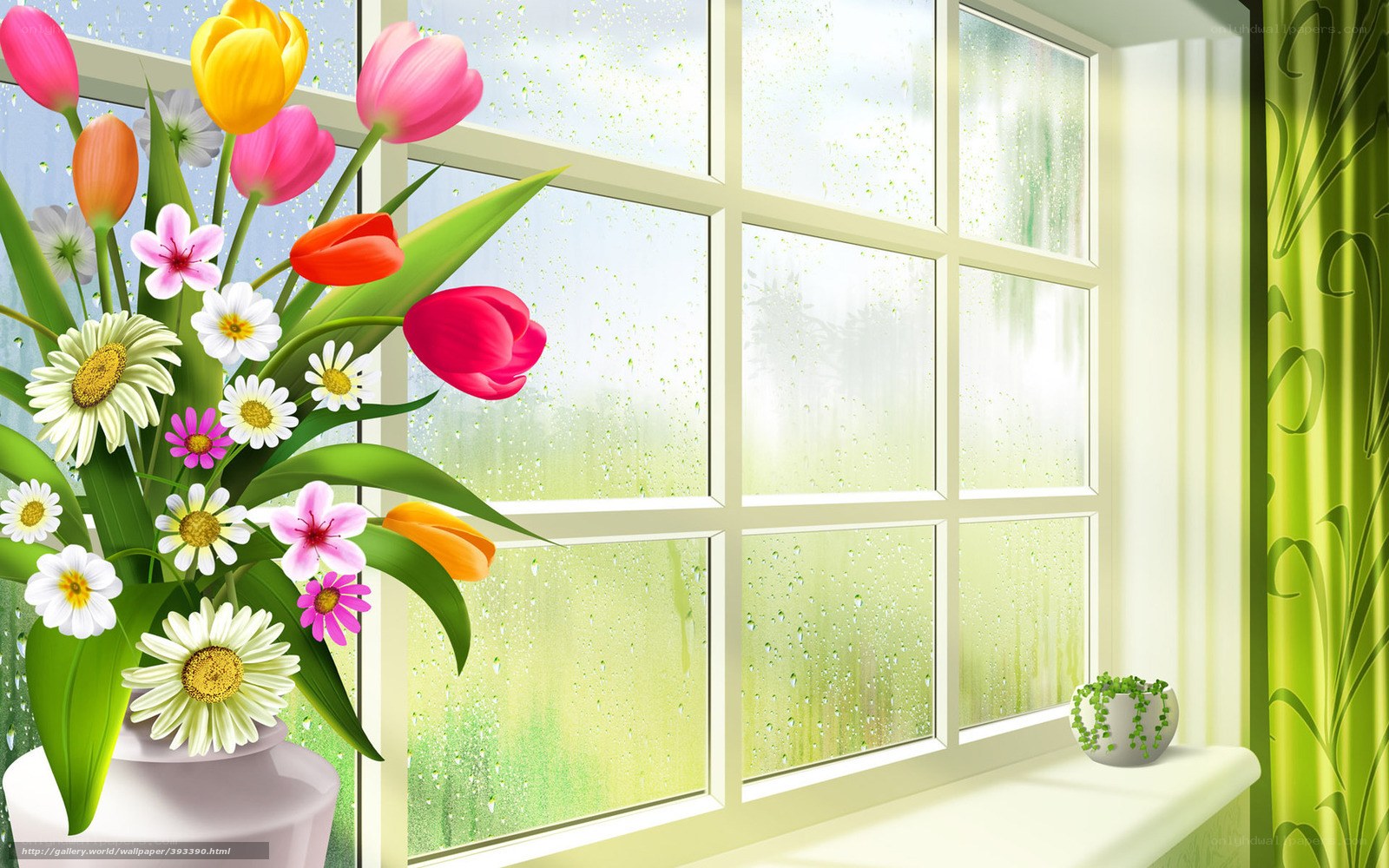 Flowers by a rainy window