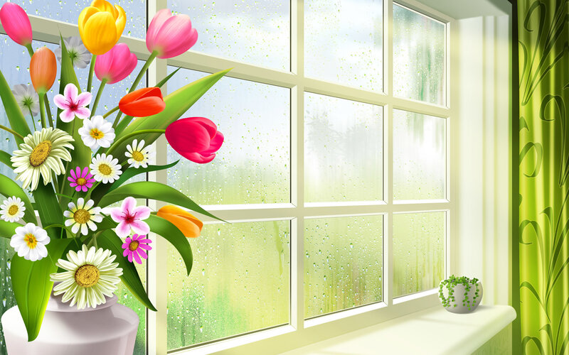 Flowers by a rainy window