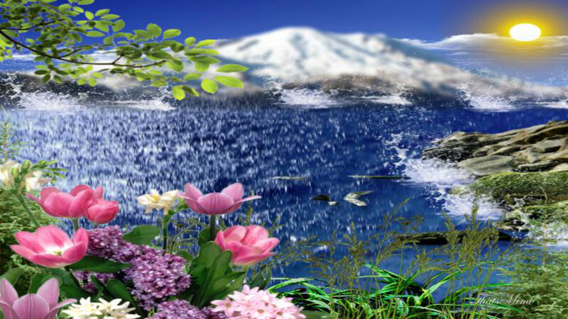 Flowers by a Waterfall — Blue