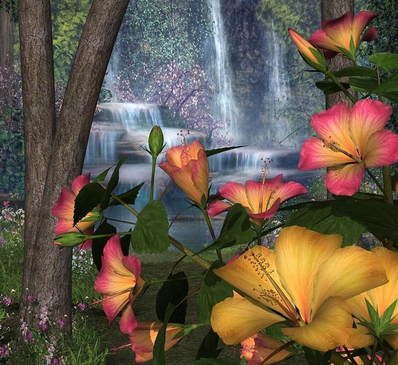 Flowers by a waterfall