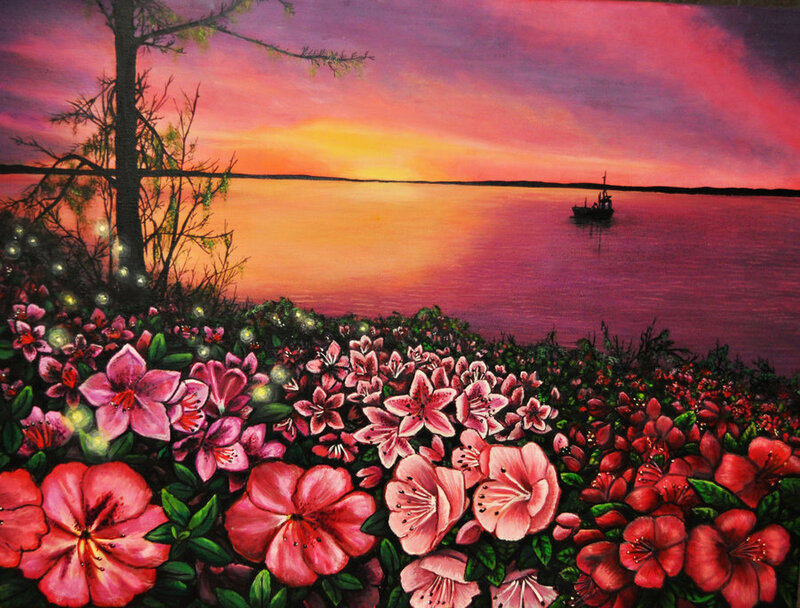 Flowers by Lake at Sunset