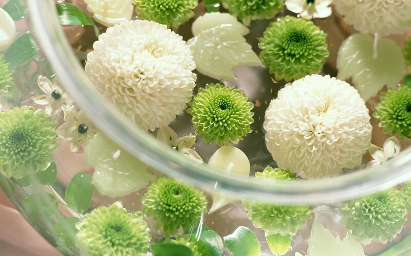 Flowers floating in a glass bowl