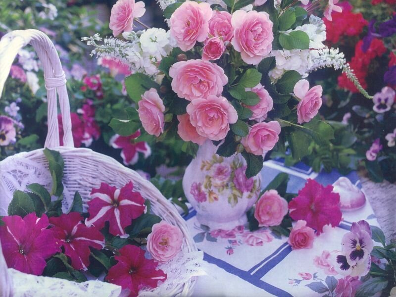 Flowers in a basket and vase