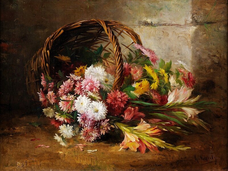 Flowers in a Basket — Brown, Calm, Painting