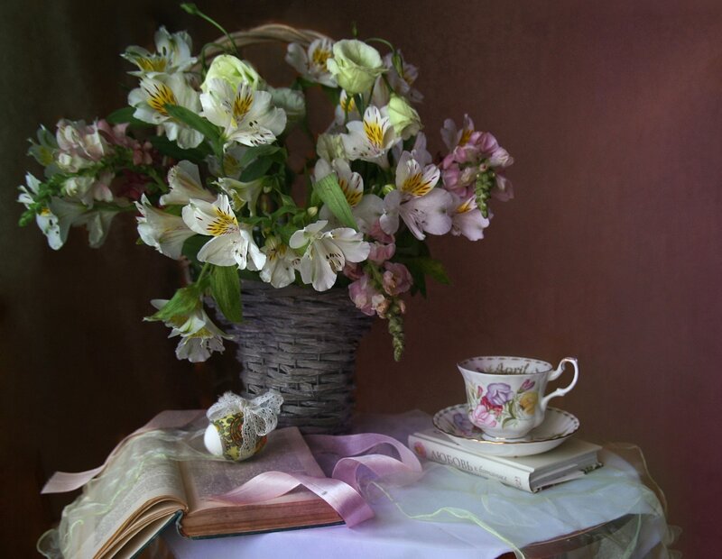 Flowers in a Basket — White, Serene, Photograph