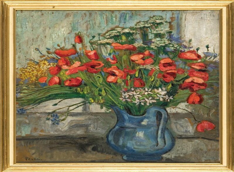 Flowers in a blue pitcher