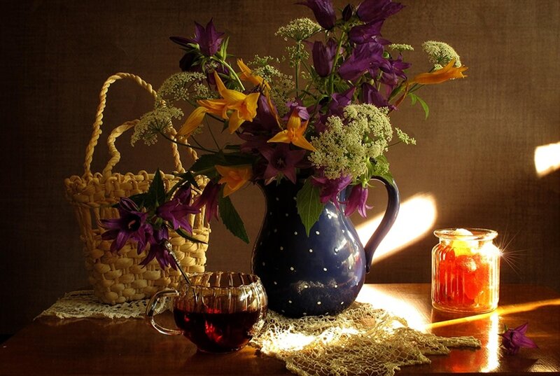 Flowers in a Blue Pitcher — Dramatic