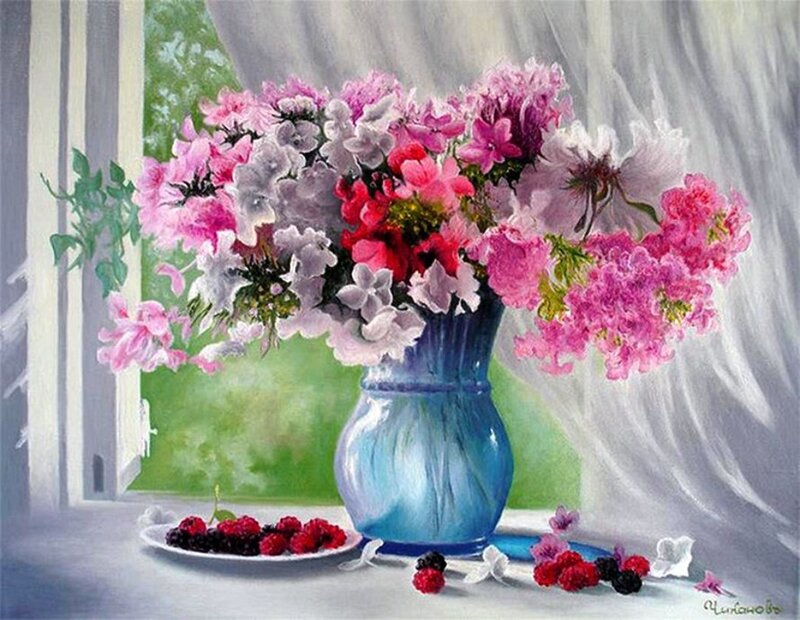 Flowers in a Blue Vase — Serene