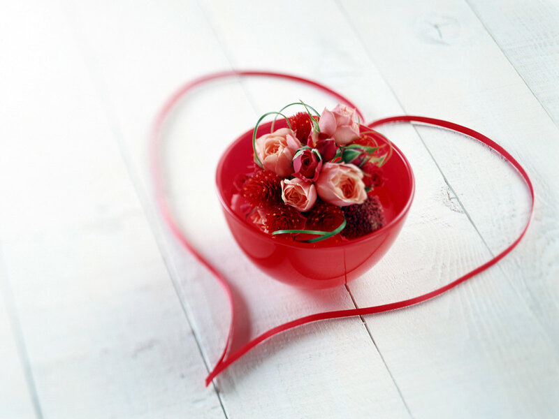 Flowers in a heart-shaped bowl