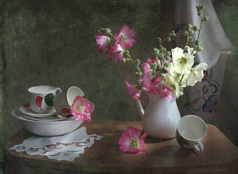 Flowers in a Pitcher — Pink, Serene, Photograph