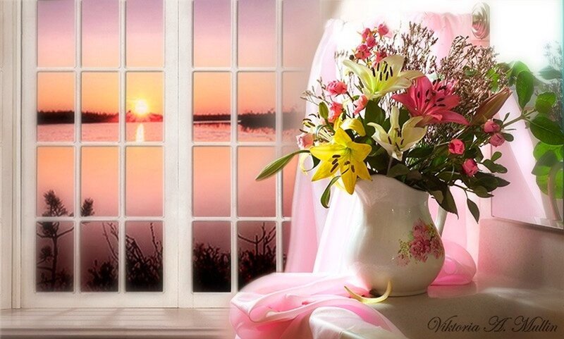 Flowers in a Pitcher — Pink, Serene, Sunset