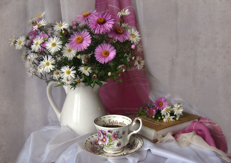 Flowers in a Pitcher — White, Serene, Autumn